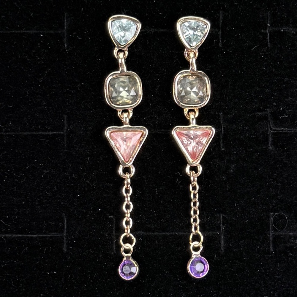 Beautiful goldtone, blue green pink long drop pierced vintage costume earrings